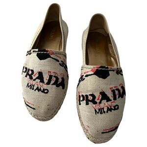 PRADA Embroidered Logo Canvas Espadrille EU 38 US 8 Beige Slip On Flats
